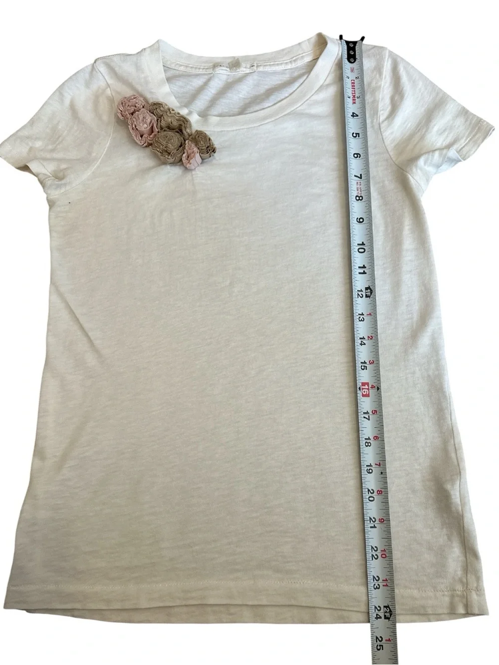 J.Crew Floral Appliqué White Tee Top Rosette Shoulder Detail Size Small